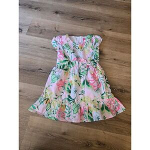 Lilly Pulitzer Girls Pink Tropical Floral Bow Fit and Flare Dress Size 6